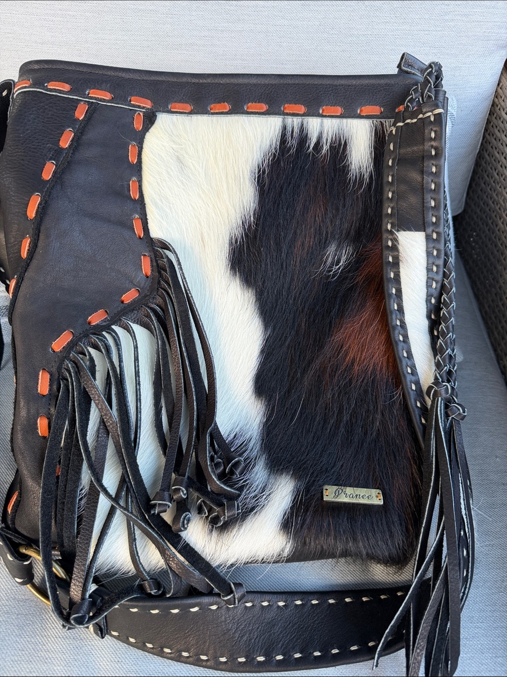 Leather Pranee Cowhide Crossbody Bag Brown, Black & White Hair-On Hide